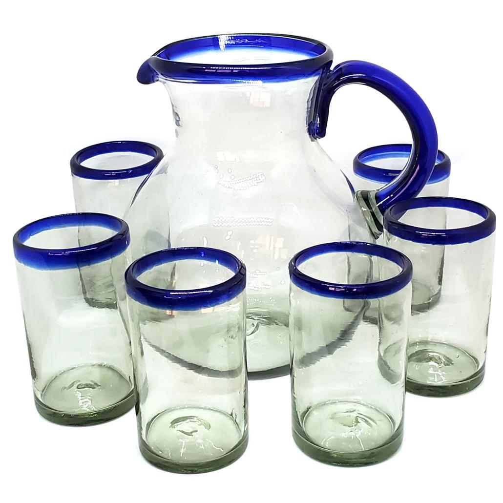 Cobalt Blue Rim 120 oz Pitcher and 6 Drinking Glasses Set - Mexican handcrafted product