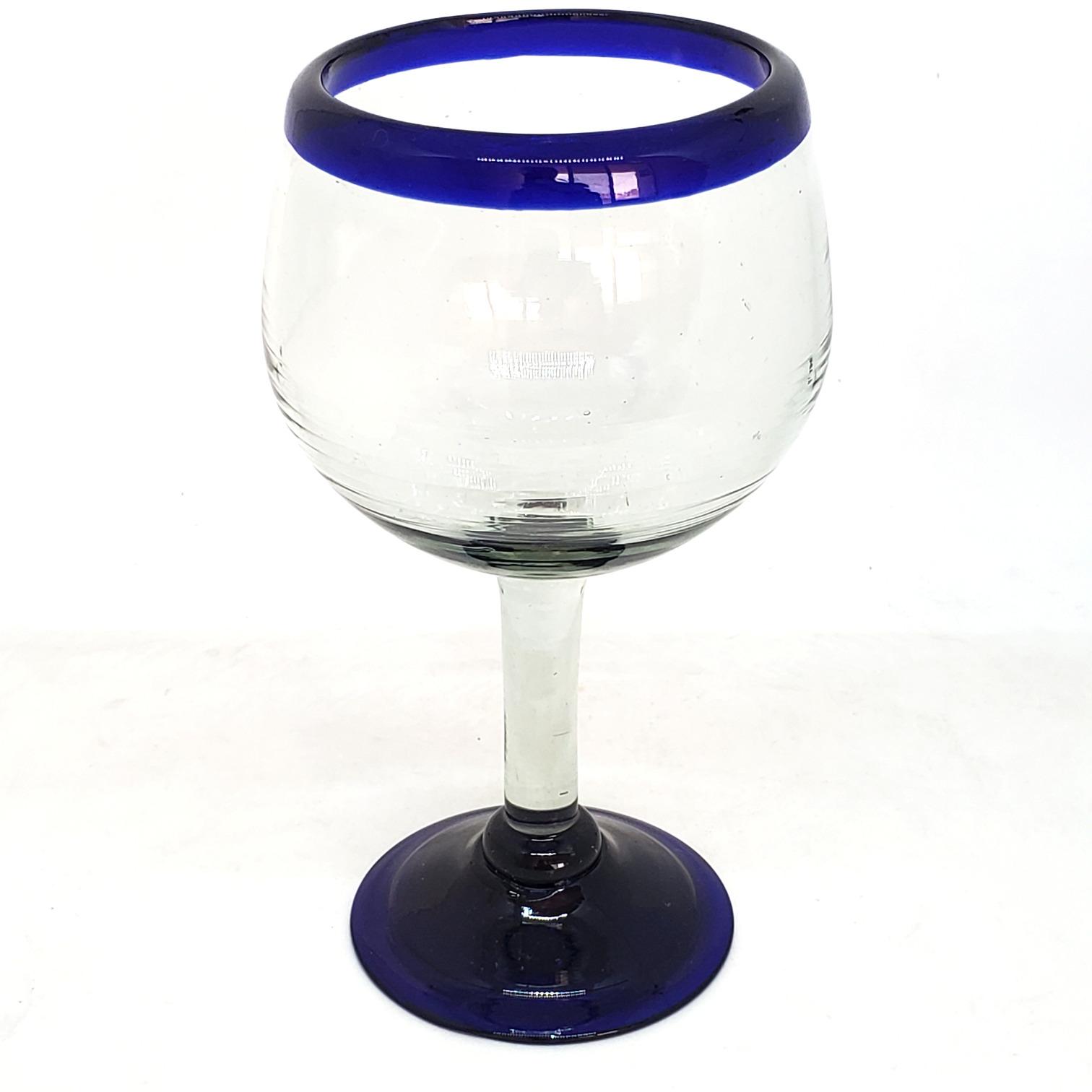 Cobalt Blue Rim 15 oz Balloon Wine Glasses (set of 6) - Mexican handcrafted product