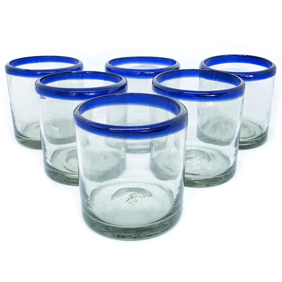 Cobalt Blue Rim 8 oz DOF Rock Glasses (set of 6) - Mexican handcrafted product